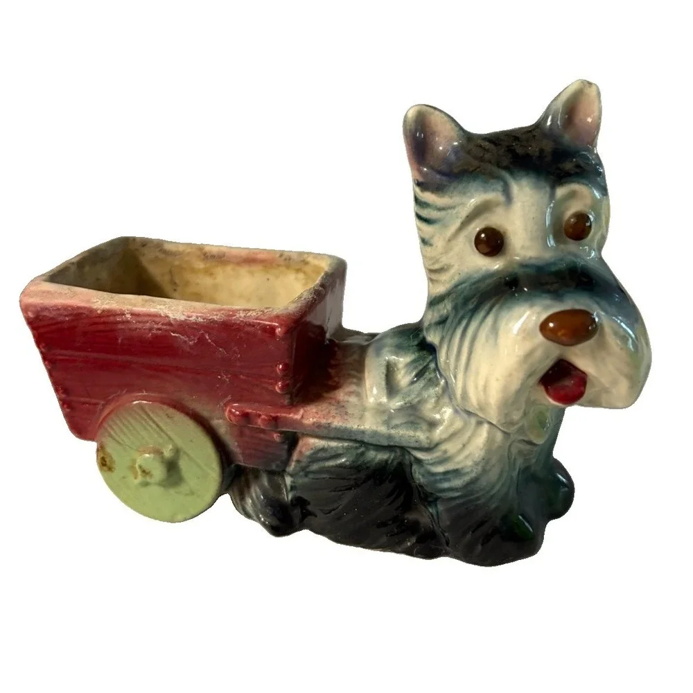 Vintage Ceramic Scottie Dog Planter Pulling Red Cart Wagon Green Wheels 6